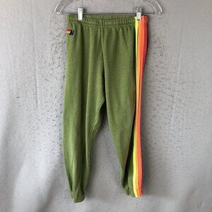 Aviator Nation Green Track Pants with Rainbow Stripe